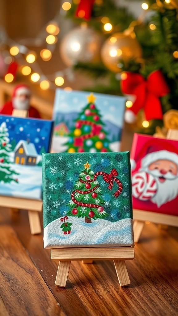 Mini Christmas paintings of a snowy landscape, Christmas tree, and Santa Claus on easels with holiday decorations.